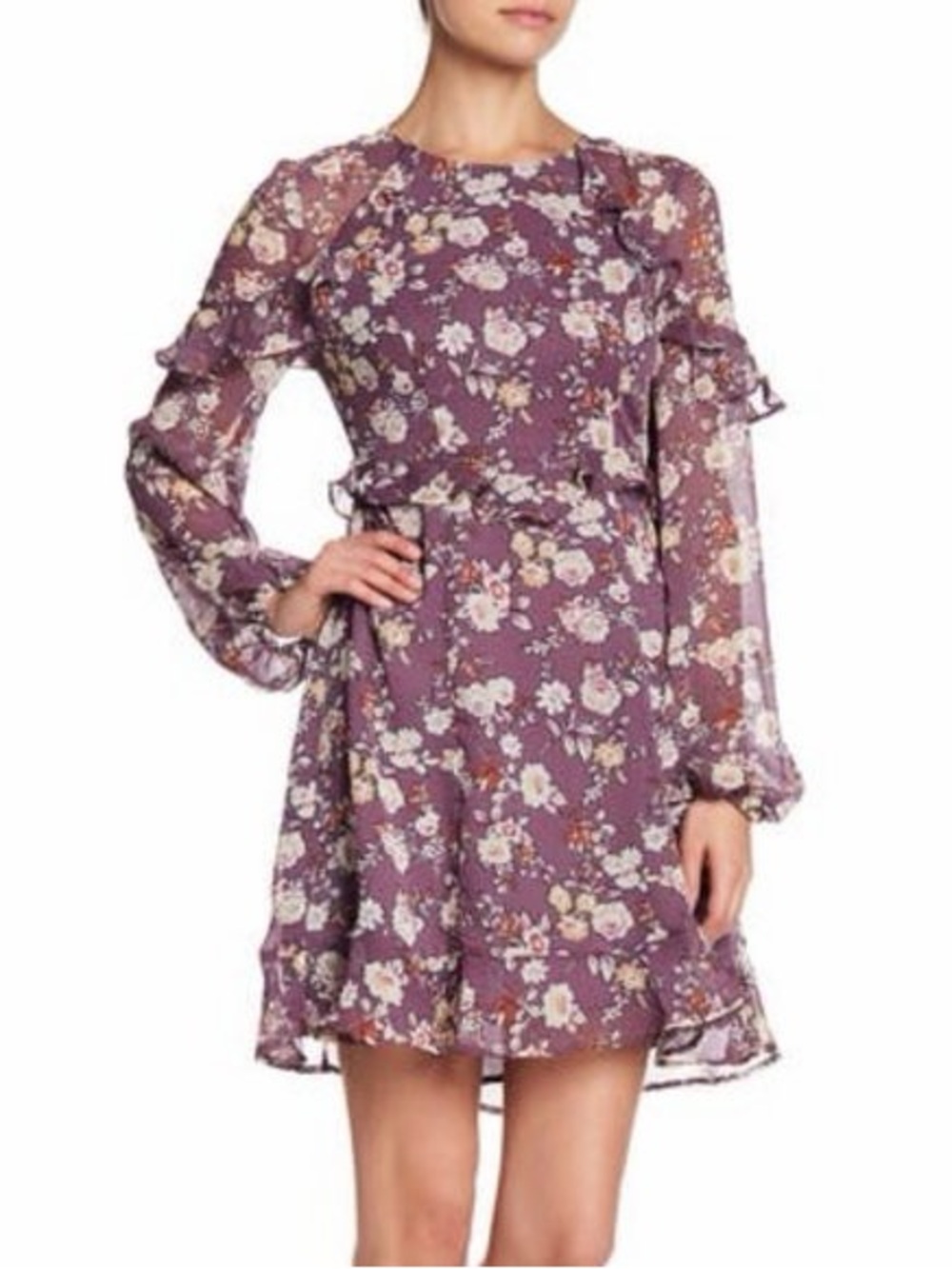 ASTR Lavender Floral Ruffle Long-Sleeve Dress